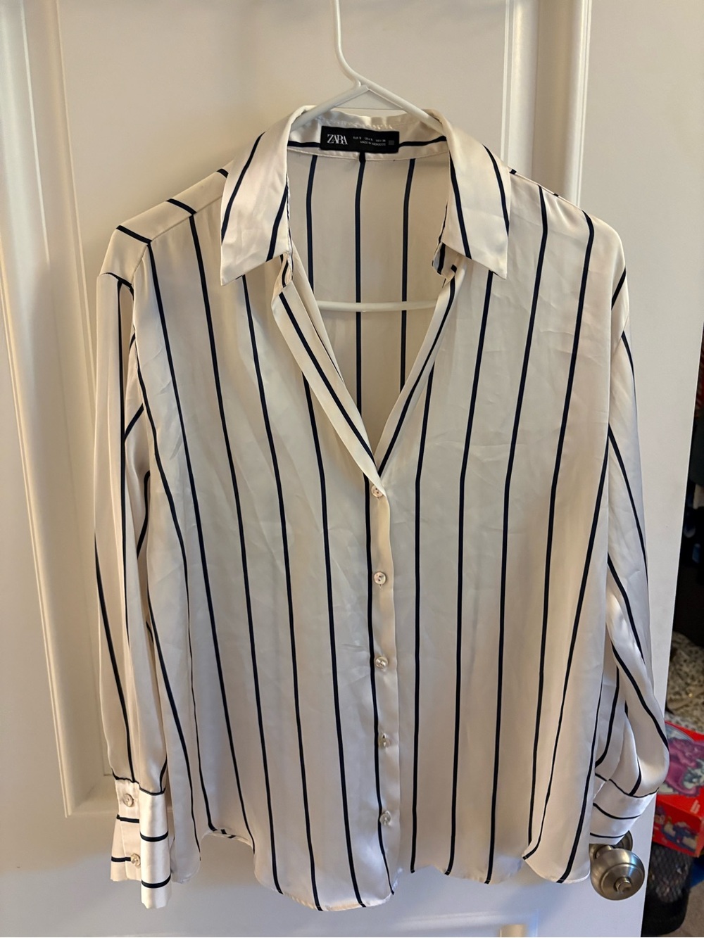 Zara Blue and White Stripe Button-Front Satin Blouse